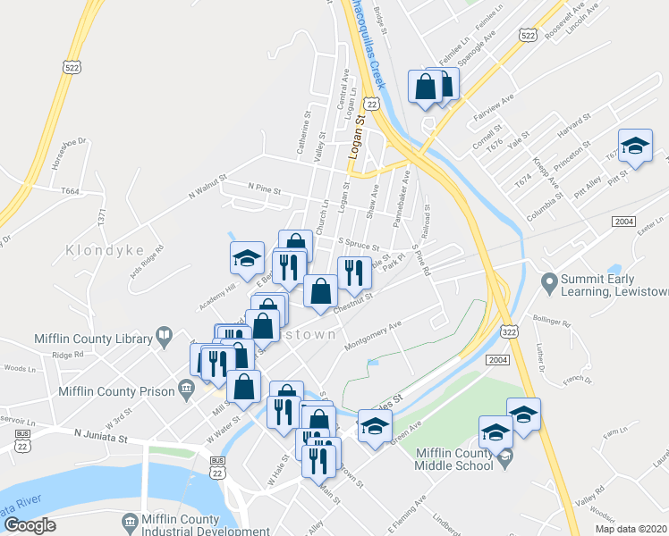 map of restaurants, bars, coffee shops, grocery stores, and more near 62 Logan Street in Lewistown