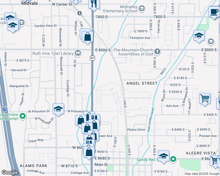 map of restaurants, bars, coffee shops, grocery stores, and more near 90 East Resaca Drive in Sandy