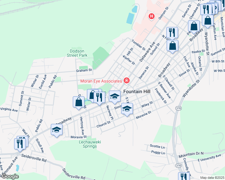 map of restaurants, bars, coffee shops, grocery stores, and more near 1308 Stanley Avenue in Fountain Hill