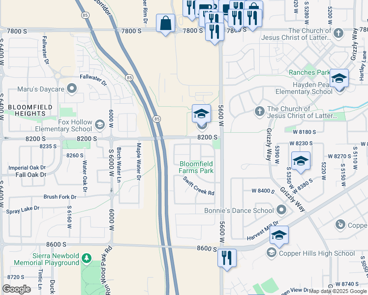 map of restaurants, bars, coffee shops, grocery stores, and more near 5719 Boulder Creek Road South in West Jordan