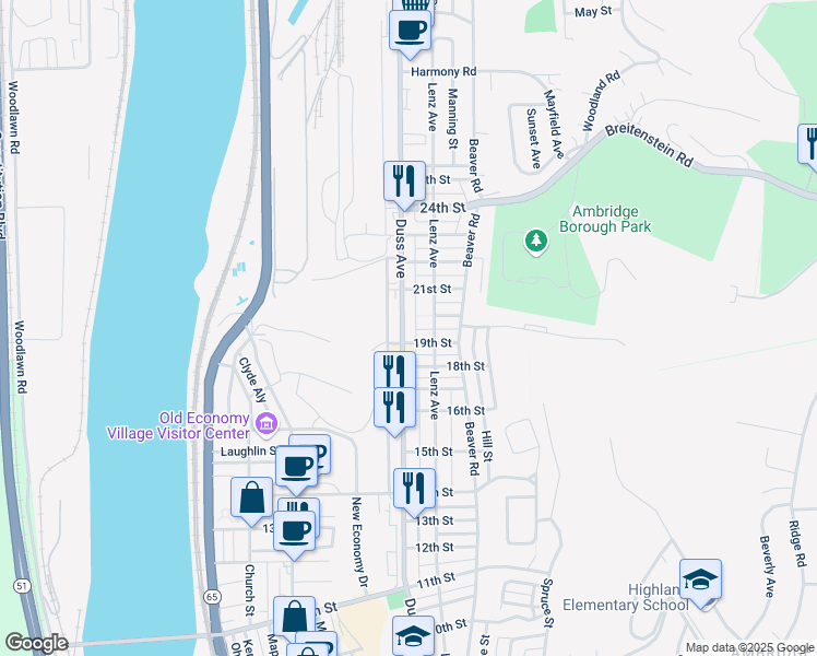 map of restaurants, bars, coffee shops, grocery stores, and more near 1900 Duss Avenue in Ambridge