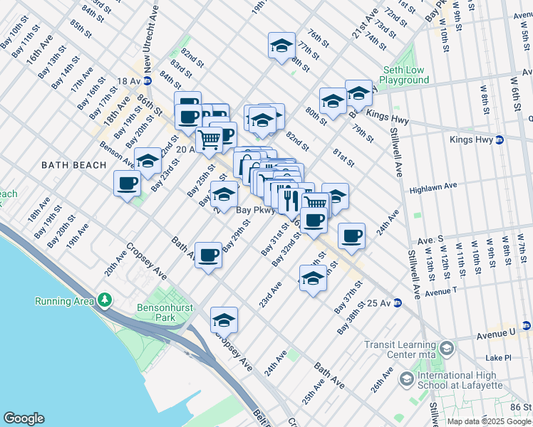 map of restaurants, bars, coffee shops, grocery stores, and more near 8622 Bay Parkway in Brooklyn