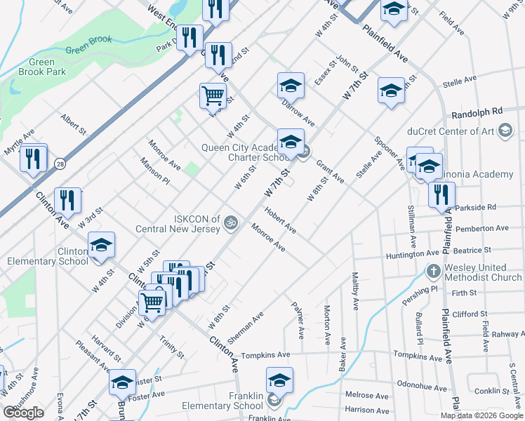map of restaurants, bars, coffee shops, grocery stores, and more near 937 West 7th Street in Plainfield