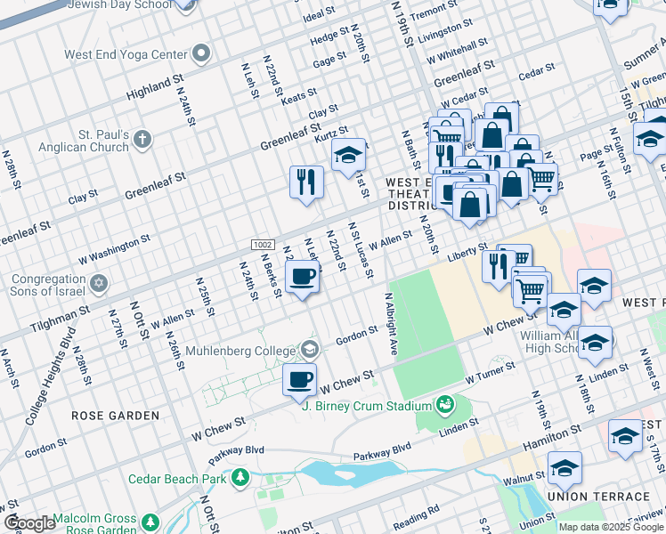 map of restaurants, bars, coffee shops, grocery stores, and more near 2210 West Allen Street in Allentown