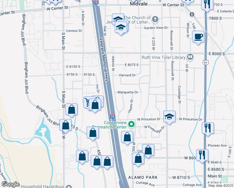 map of restaurants, bars, coffee shops, grocery stores, and more near 8255 South Adams Street in Midvale
