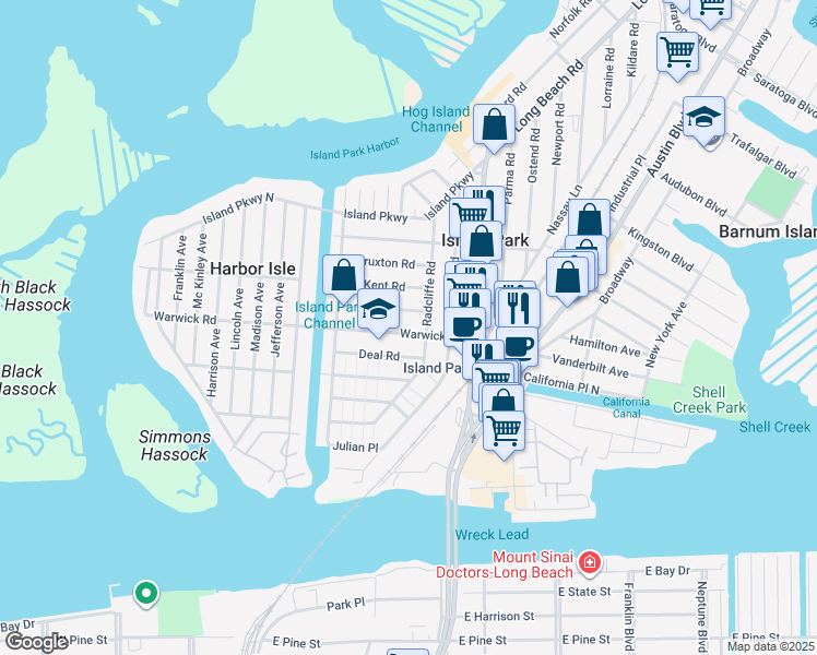 map of restaurants, bars, coffee shops, grocery stores, and more near 39 Hastings Road in Island Park