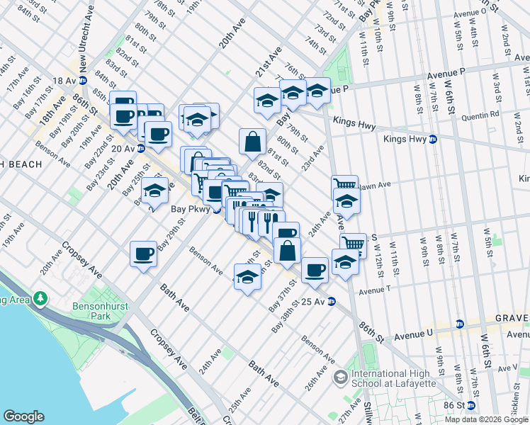 map of restaurants, bars, coffee shops, grocery stores, and more near 8404 23rd Avenue in Brooklyn