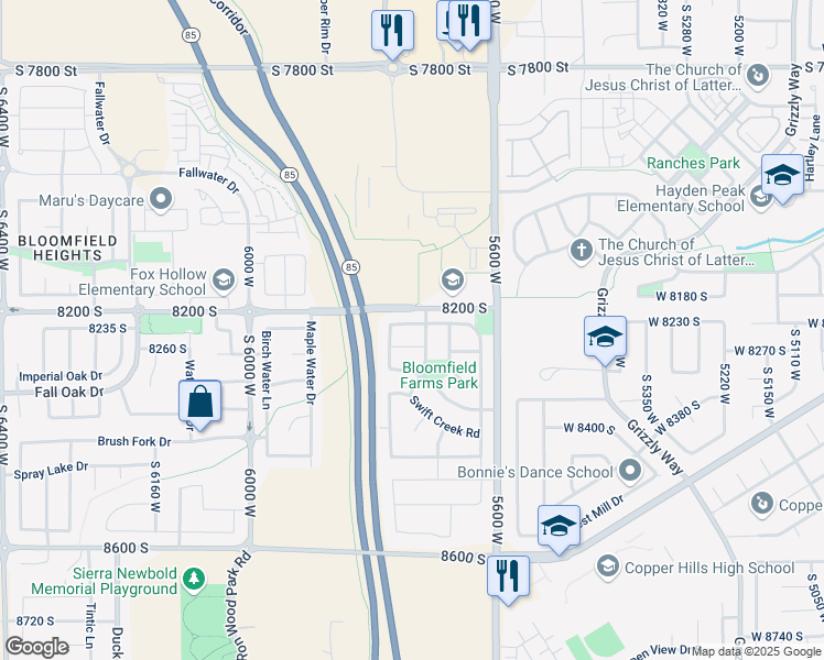 map of restaurants, bars, coffee shops, grocery stores, and more near 5719 Boulder Creek Road South in West Jordan