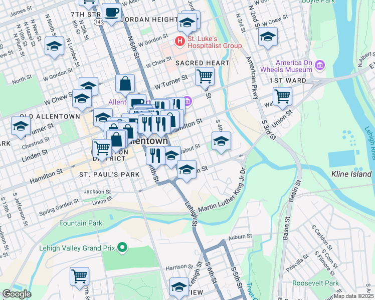 map of restaurants, bars, coffee shops, grocery stores, and more near 515 Walnut Street in Allentown