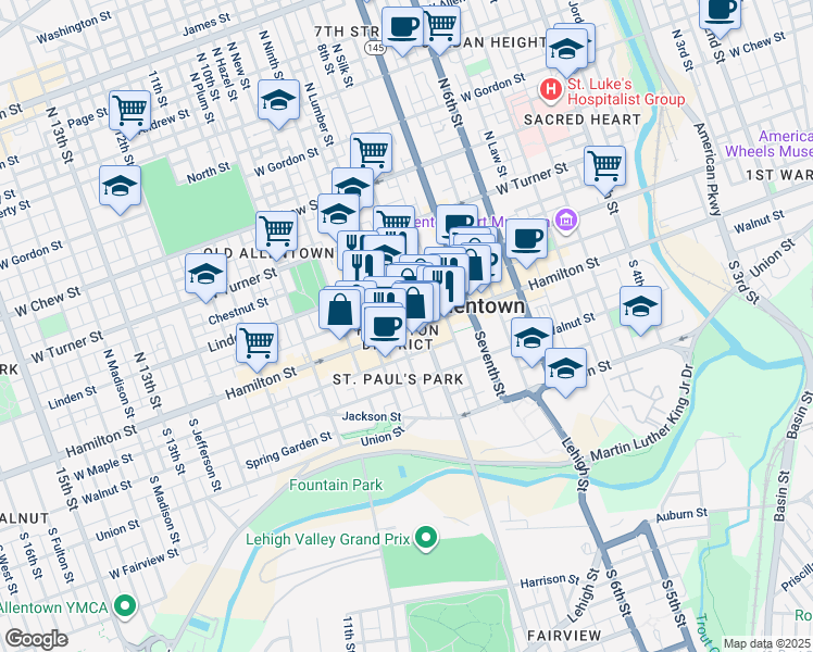 map of restaurants, bars, coffee shops, grocery stores, and more near 813 Hamilton Street in Allentown