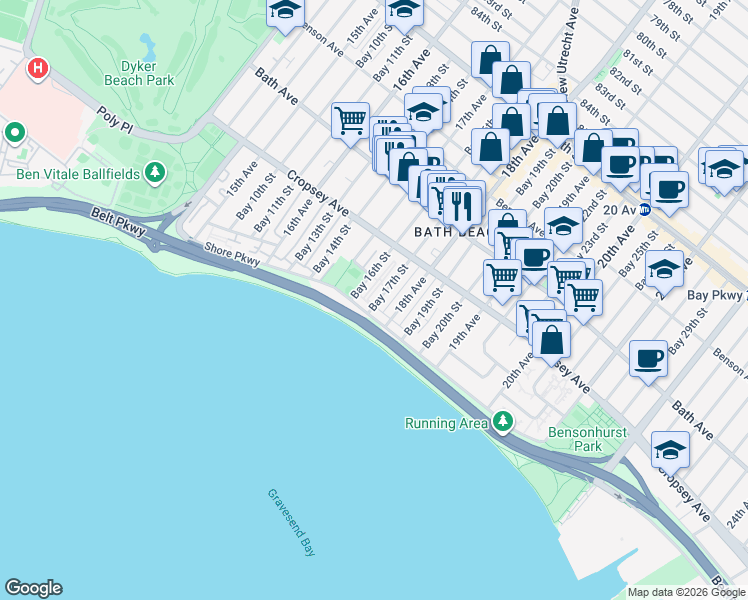 map of restaurants, bars, coffee shops, grocery stores, and more near 8909 Bay 16th Street in Brooklyn