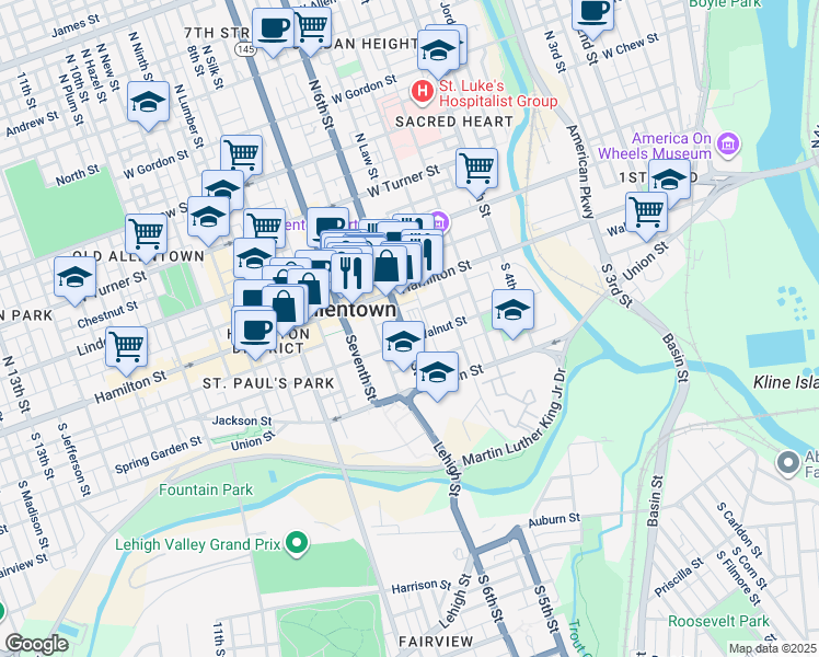 map of restaurants, bars, coffee shops, grocery stores, and more near 555 Walnut Street in Allentown