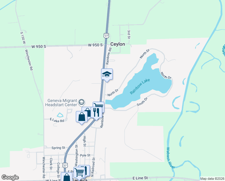 map of restaurants, bars, coffee shops, grocery stores, and more near 111 North Drive in Geneva
