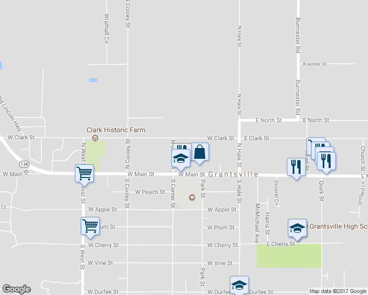map of restaurants, bars, coffee shops, grocery stores, and more near 175 West Clark Street in Grantsville