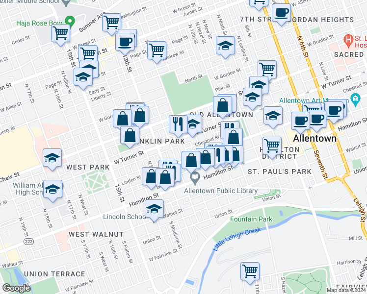 map of restaurants, bars, coffee shops, grocery stores, and more near 136 North 12th Street in Allentown