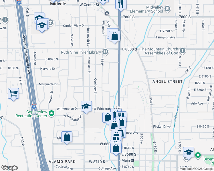 map of restaurants, bars, coffee shops, grocery stores, and more near 8226 Wilson Street in Midvale