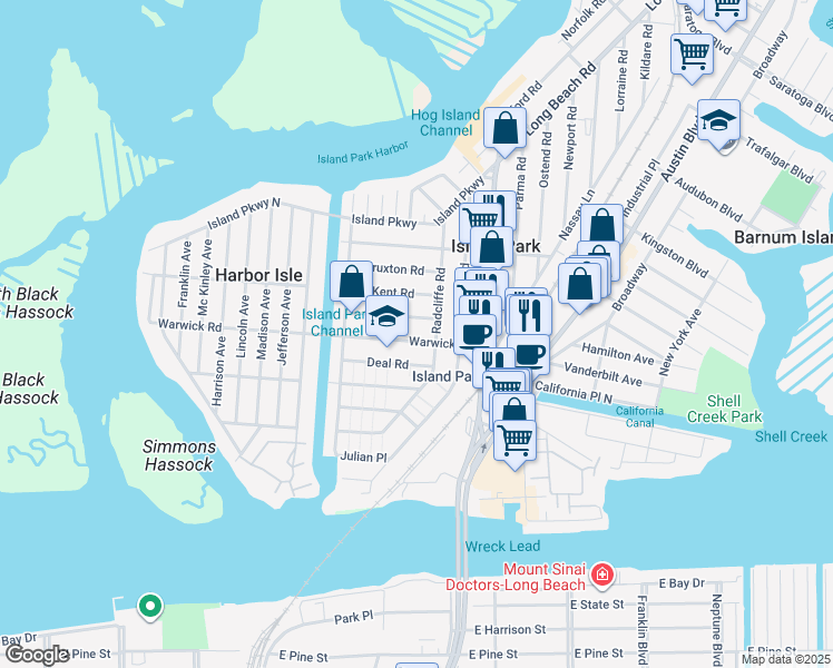 map of restaurants, bars, coffee shops, grocery stores, and more near 39 Hastings Road in Island Park