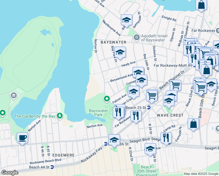 map of restaurants, bars, coffee shops, grocery stores, and more near 10-36 Bay 31st Street in Queens