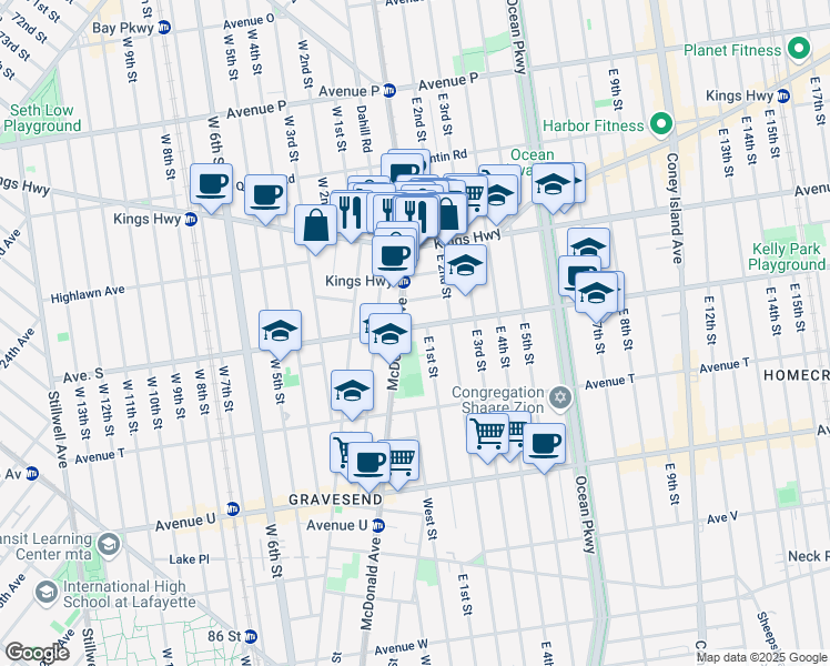 map of restaurants, bars, coffee shops, grocery stores, and more near 337 Avenue S in Brooklyn
