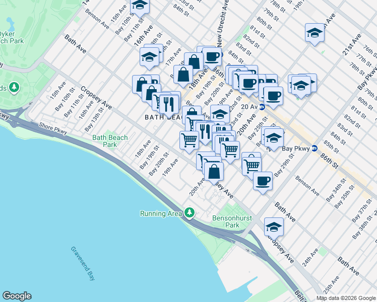 map of restaurants, bars, coffee shops, grocery stores, and more near 8783 19th Avenue in Brooklyn