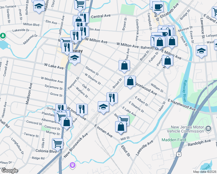 map of restaurants, bars, coffee shops, grocery stores, and more near 908 Broad Street in Rahway