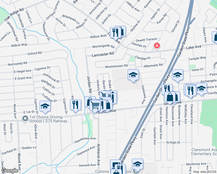 map of restaurants, bars, coffee shops, grocery stores, and more near 38 Raven Drive in Woodbridge Township