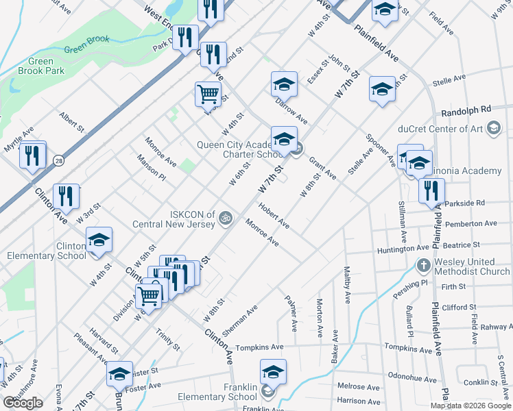 map of restaurants, bars, coffee shops, grocery stores, and more near 937 West 7th Street in Plainfield
