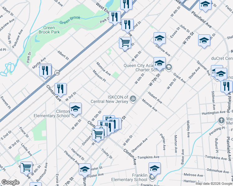 map of restaurants, bars, coffee shops, grocery stores, and more near 1018 West 5th Street in Plainfield