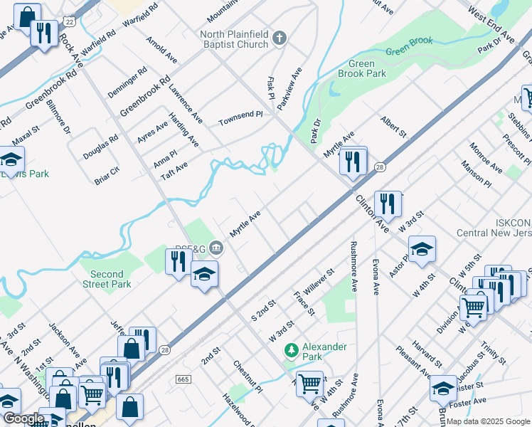 map of restaurants, bars, coffee shops, grocery stores, and more near 50-52 Dekalb Avenue in Plainfield