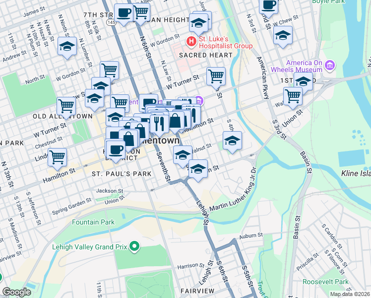 map of restaurants, bars, coffee shops, grocery stores, and more near 20 South 6th Street in Allentown