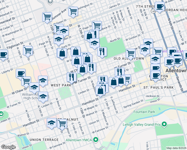 map of restaurants, bars, coffee shops, grocery stores, and more near in Allentown