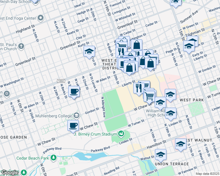 map of restaurants, bars, coffee shops, grocery stores, and more near 2011 Liberty Street in Allentown