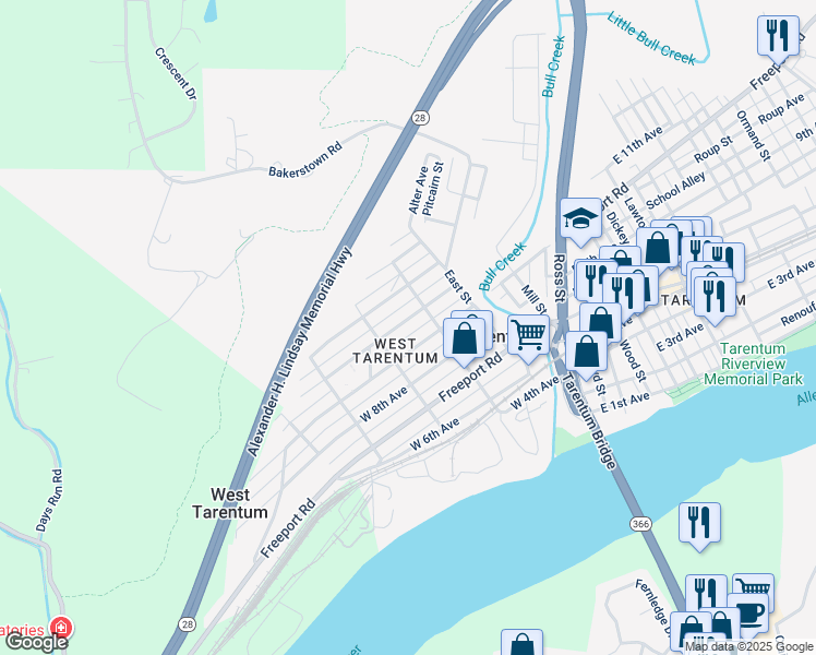 map of restaurants, bars, coffee shops, grocery stores, and more near 232 West 10th Avenue in Tarentum