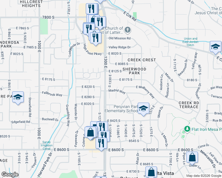map of restaurants, bars, coffee shops, grocery stores, and more near 1327 Madrid Way in Sandy