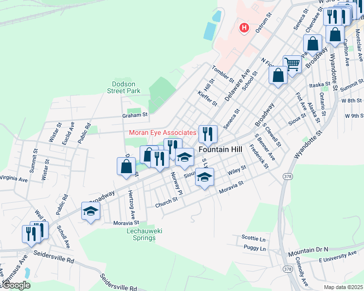 map of restaurants, bars, coffee shops, grocery stores, and more near 1308 Stanley Avenue in Fountain Hill