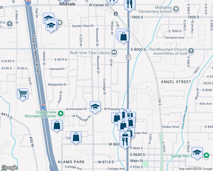 map of restaurants, bars, coffee shops, grocery stores, and more near 76 Marquette Drive in Midvale