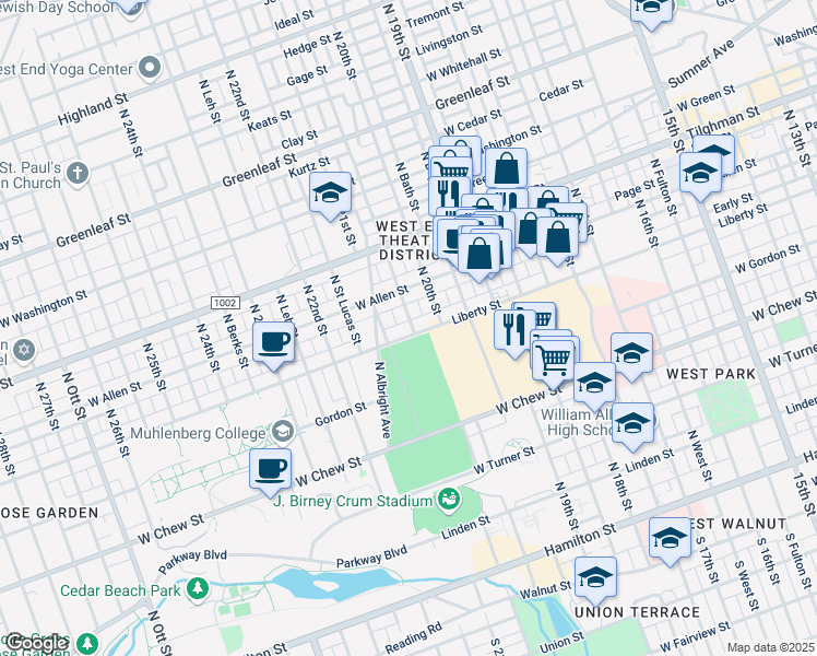 map of restaurants, bars, coffee shops, grocery stores, and more near 2011 Liberty Street in Allentown