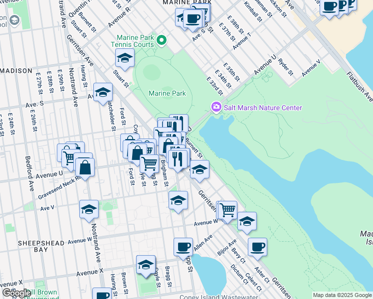 map of restaurants, bars, coffee shops, grocery stores, and more near 2220 Burnett Street in Brooklyn
