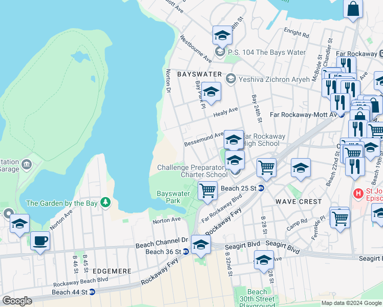 map of restaurants, bars, coffee shops, grocery stores, and more near 10-31 Bay 31st Street in Queens