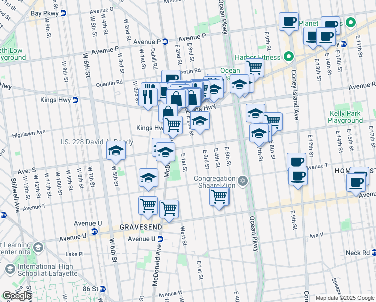 map of restaurants, bars, coffee shops, grocery stores, and more near 388 Avenue S in Brooklyn