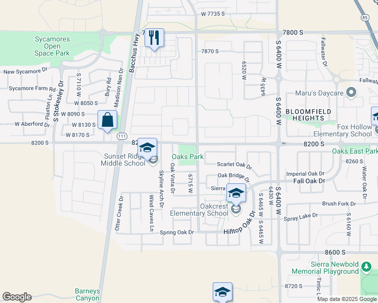 map of restaurants, bars, coffee shops, grocery stores, and more near 6700 8200 South in West Jordan