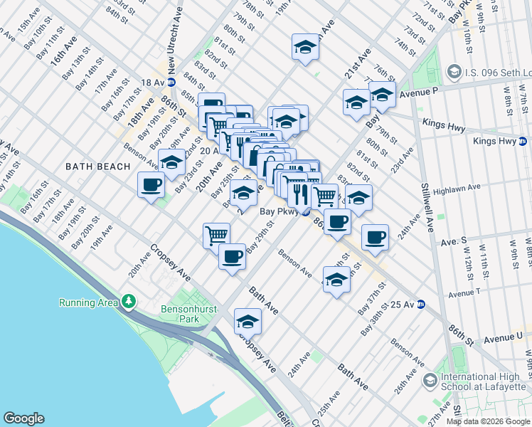 map of restaurants, bars, coffee shops, grocery stores, and more near 48 Bay 28th Street in Brooklyn