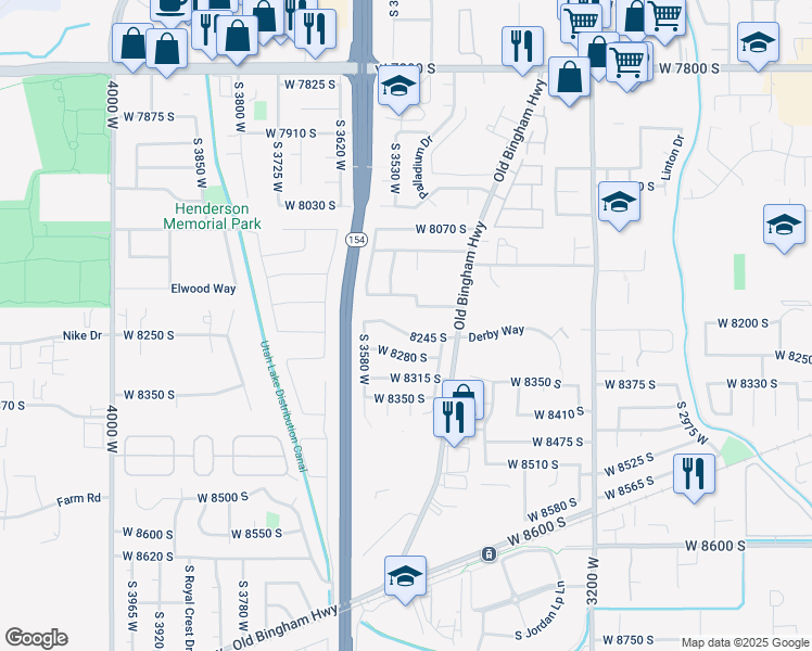 map of restaurants, bars, coffee shops, grocery stores, and more near in West Jordan