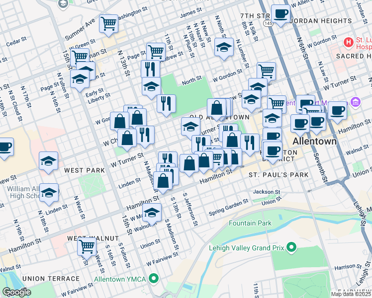 map of restaurants, bars, coffee shops, grocery stores, and more near 148 North 12th Street in Allentown