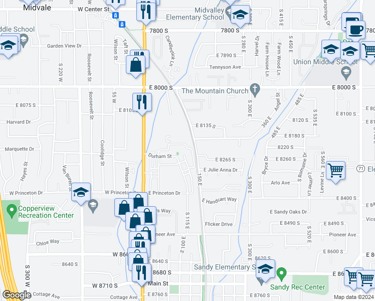 map of restaurants, bars, coffee shops, grocery stores, and more near 126 East Resaca Drive in Sandy
