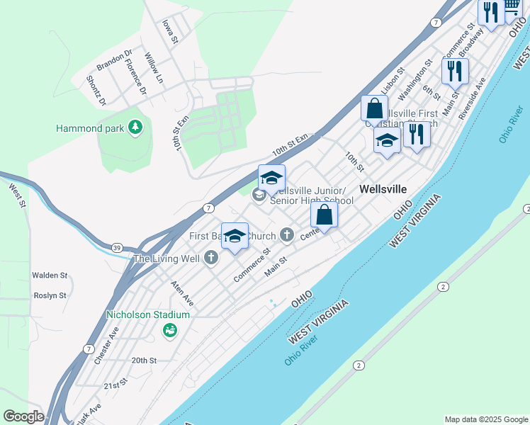 map of restaurants, bars, coffee shops, grocery stores, and more near Bengal Boulevard in Wellsville