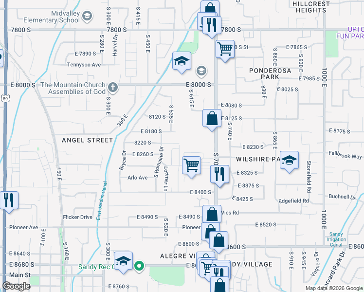 map of restaurants, bars, coffee shops, grocery stores, and more near 8227 South 560 East in Sandy