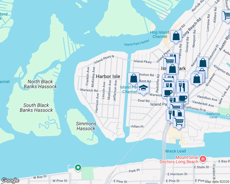 map of restaurants, bars, coffee shops, grocery stores, and more near 161 Jefferson Avenue in Island Park