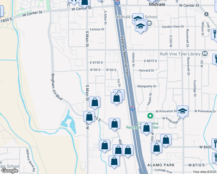 map of restaurants, bars, coffee shops, grocery stores, and more near 539 West Wolfe Grove Circle in Midvale