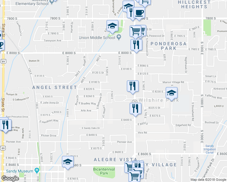 map of restaurants, bars, coffee shops, grocery stores, and more near 8227 South 560 East in Sandy